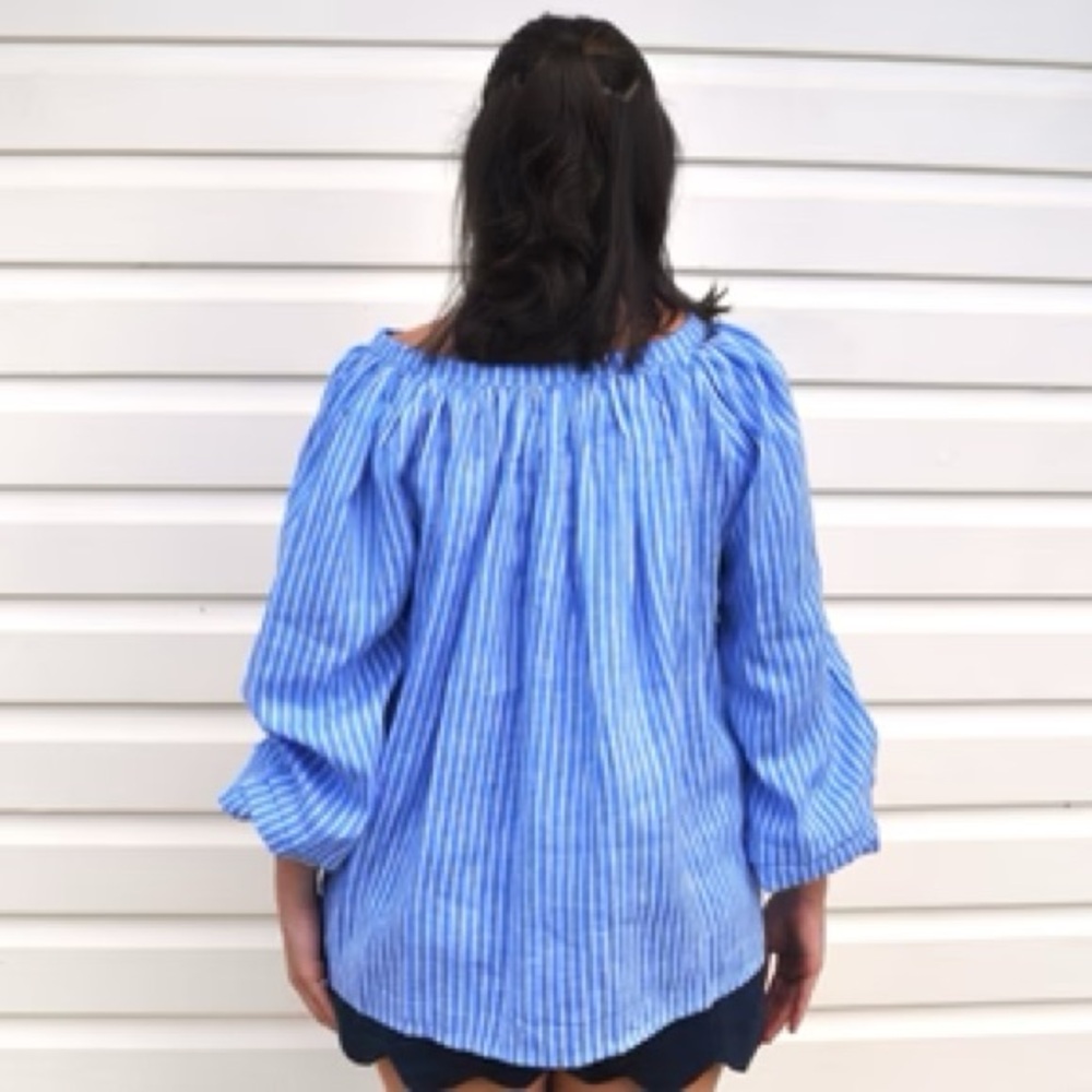 Olivaceous Size Small Blue & White Off The Shoulder Striped Balloon Long Sleeve